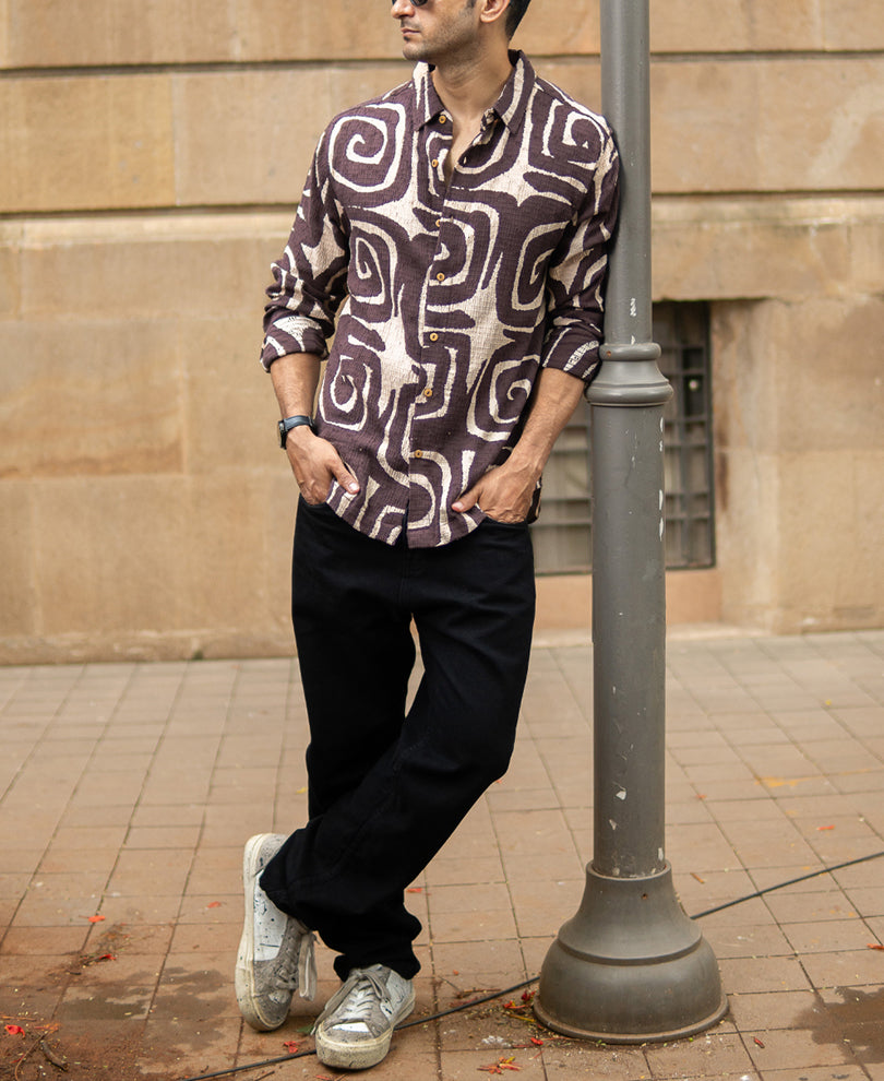 Coffee Brown Abstract Print Shirt