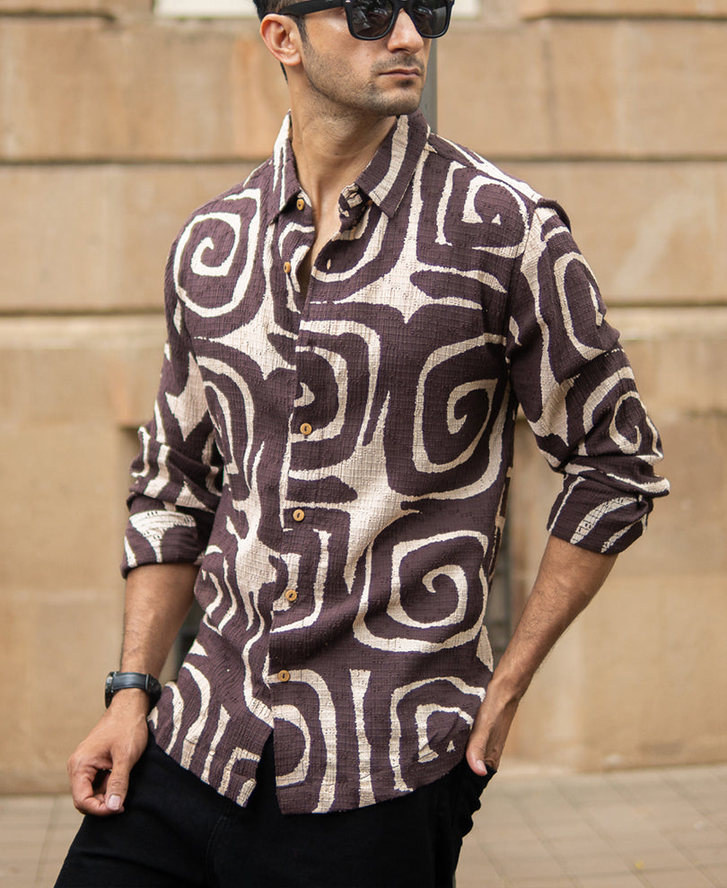 Coffee Brown Abstract Print Shirt