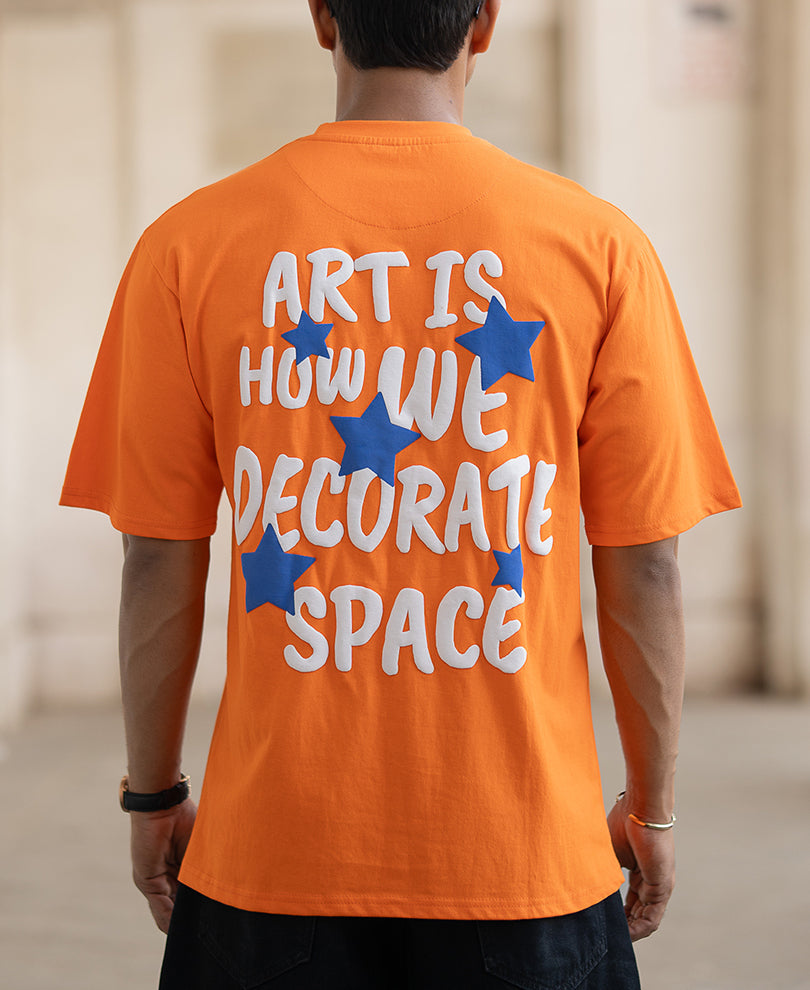 Orange Printed Oversized Half Sleeves T-Shirt
