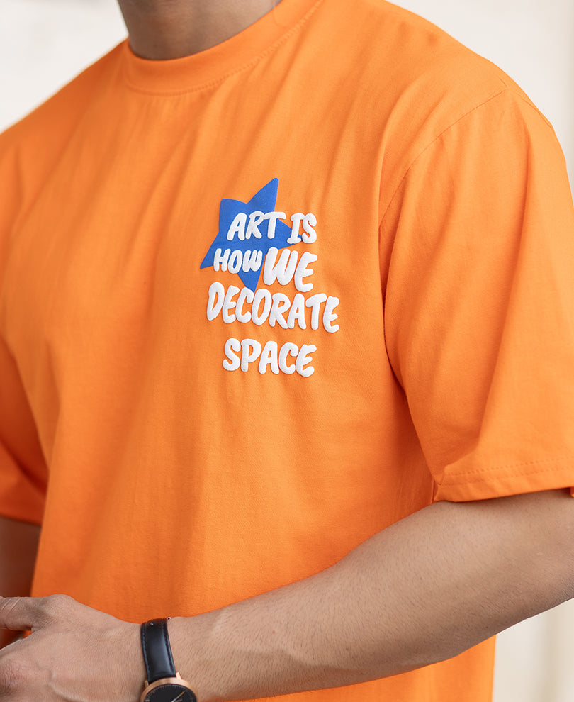 Orange Printed Oversized Half Sleeves T-Shirt