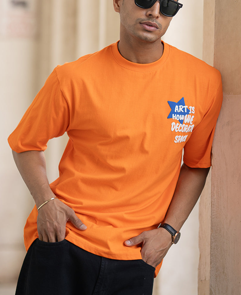 Orange Printed Oversized Half Sleeves T-Shirt