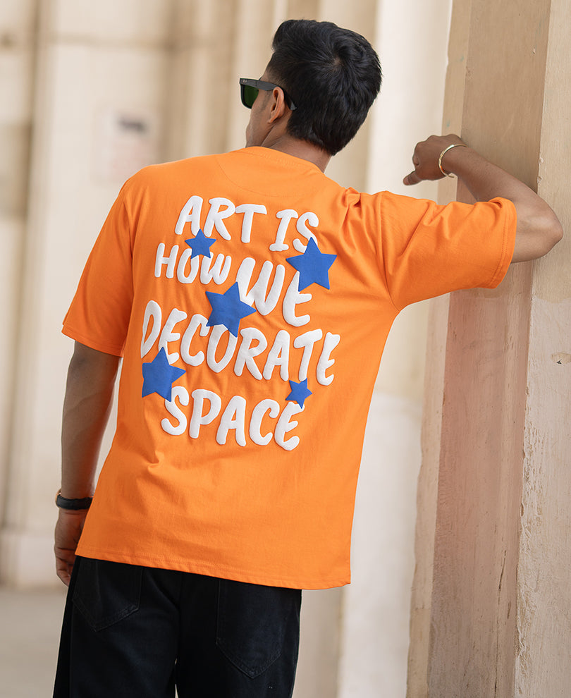 Orange Printed Oversized Half Sleeves T-Shirt