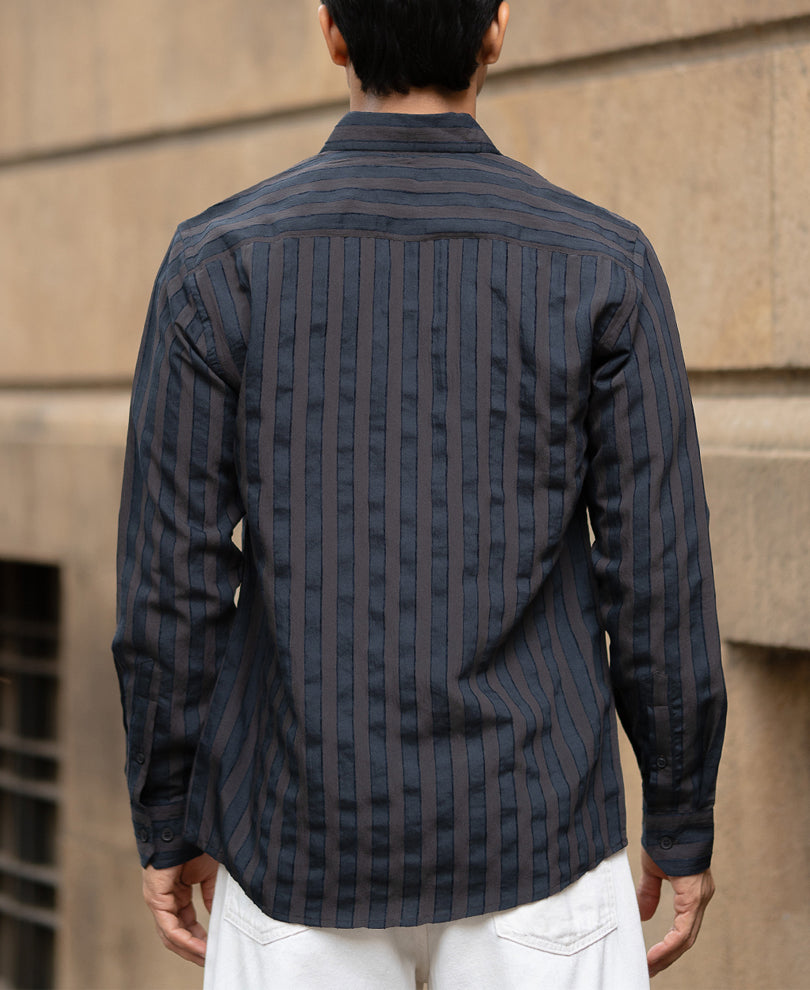 Dark Brown Structured Self Striped Shirt