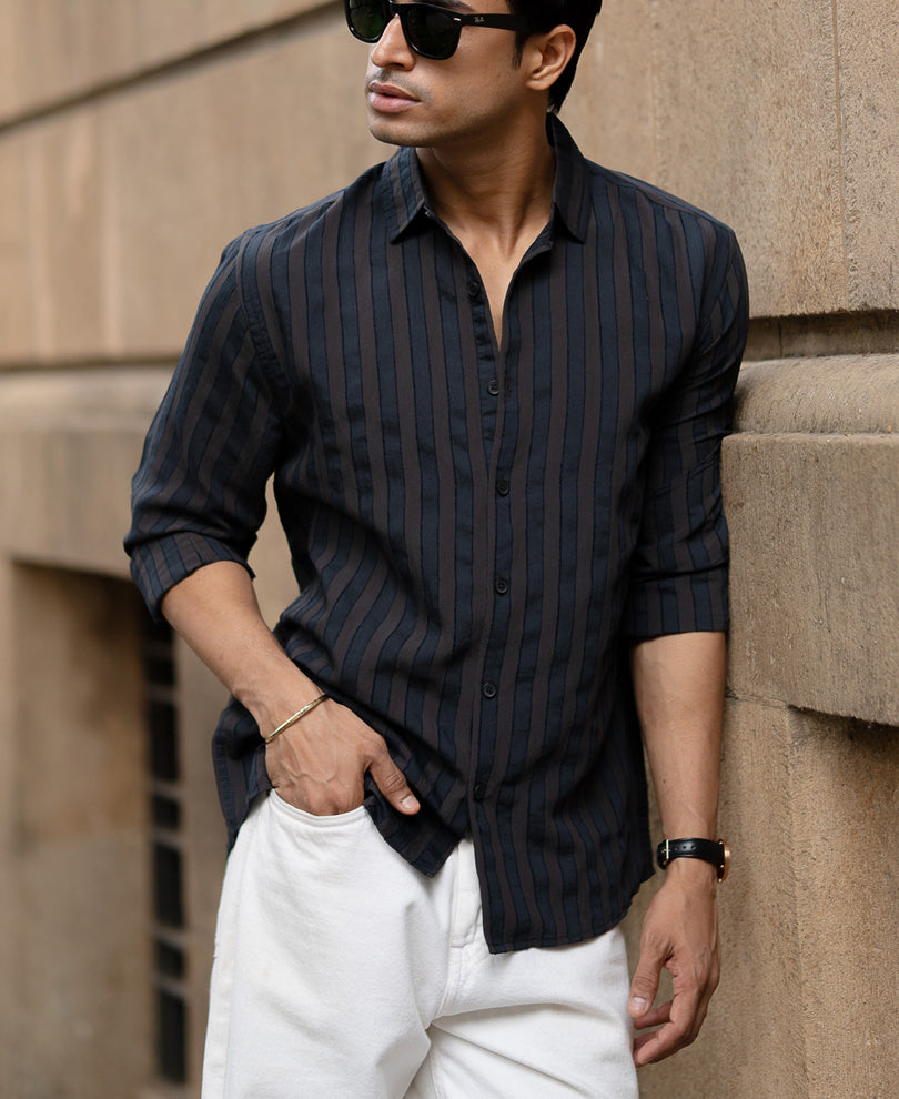 Dark Brown Structured Self Striped Shirt