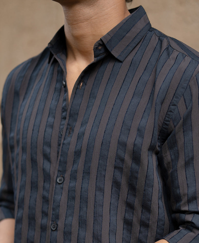 Dark Brown Structured Self Striped Shirt