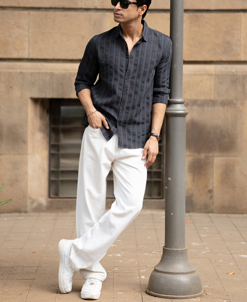 Dark Brown Structured Self Striped Shirt