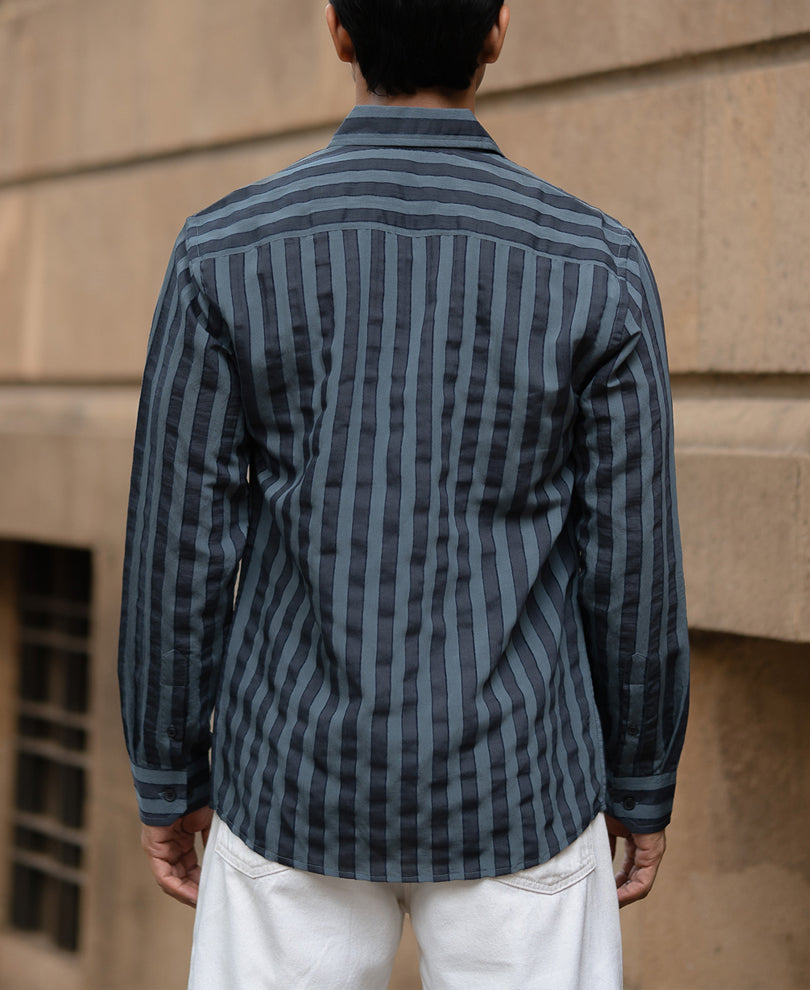 Grey Structured Self Striped Shirt