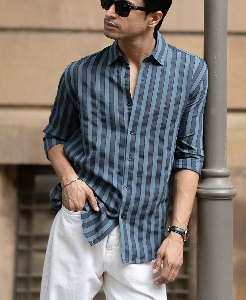 Grey Structured Self Striped Shirt