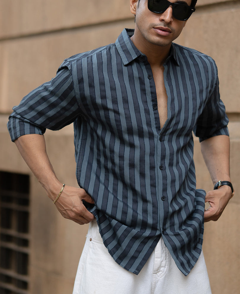Grey Structured Self Striped Shirt