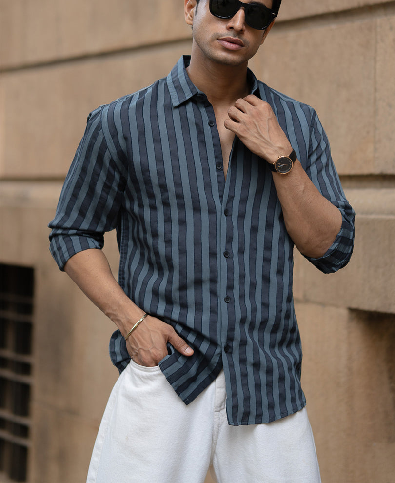 Grey Structured Self Striped Shirt