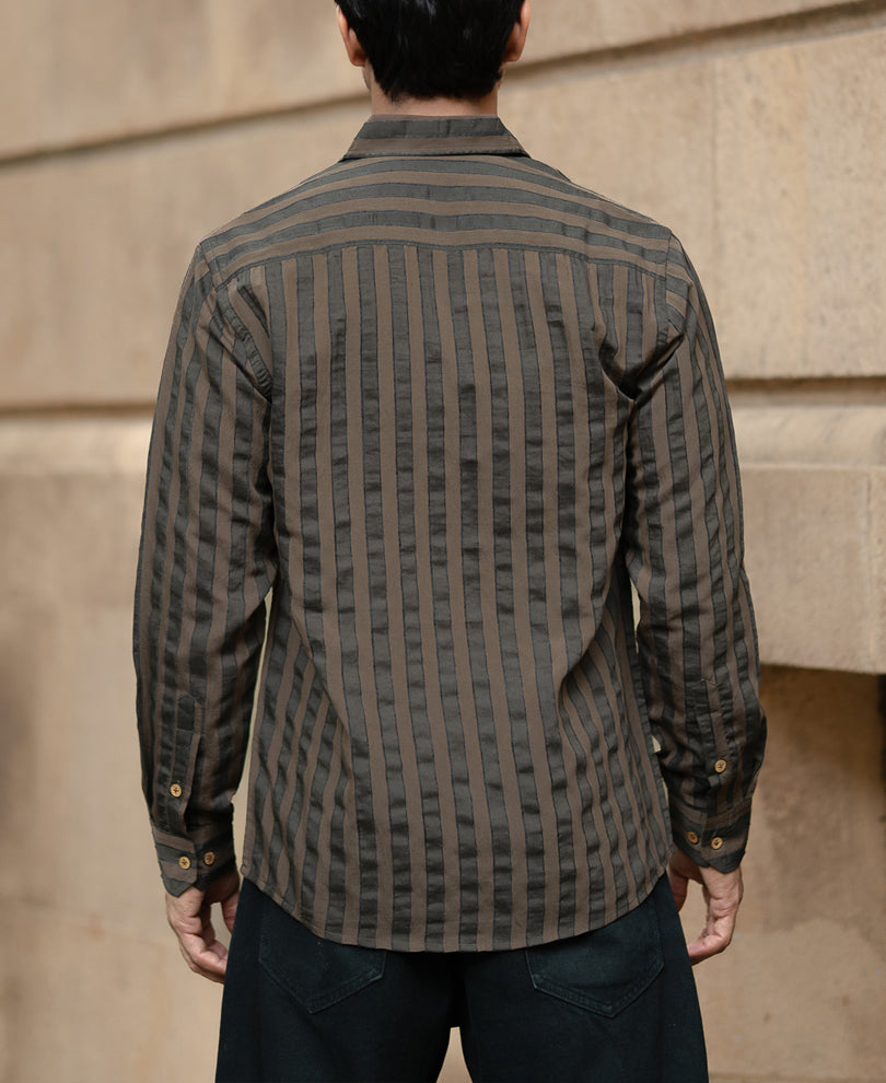 Brown Structured Self Striped Shirt