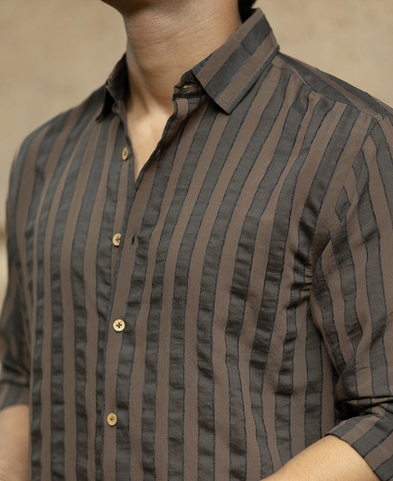 Brown Structured Self Striped Shirt