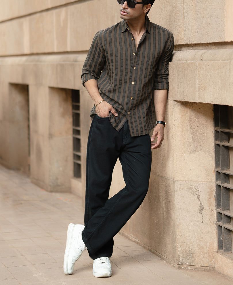 Brown Structured Self Striped Shirt