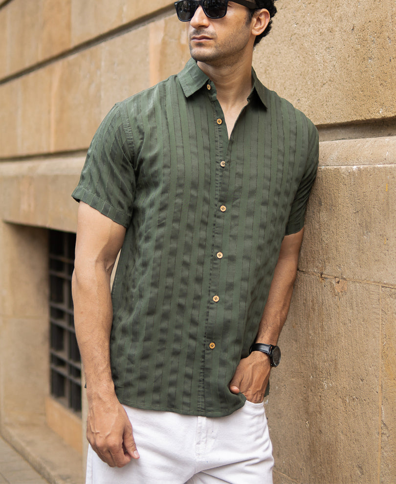 Olive Structured Self Striped Shirt