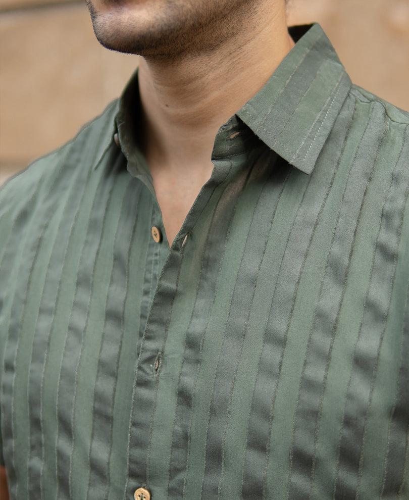 Olive Structured Self Striped Shirt