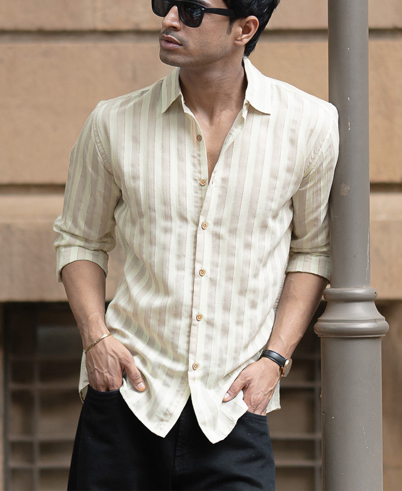 Beige Structured Self Striped Full Sleeves Shirt