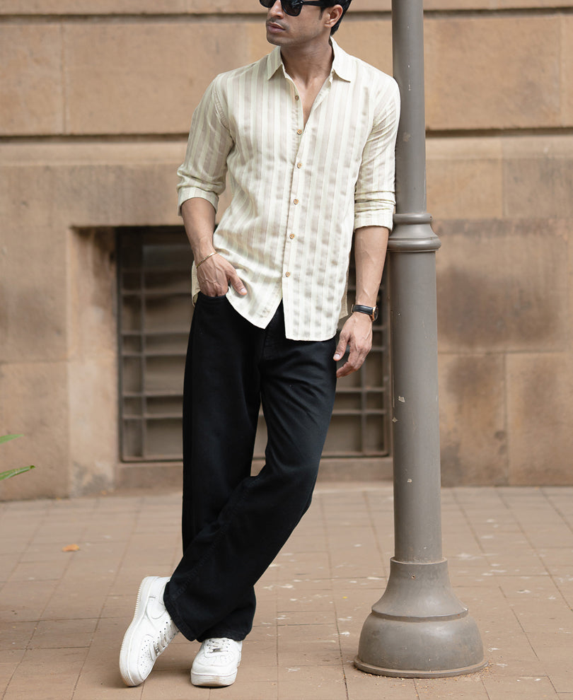 Beige Structured Self Striped Full Sleeves Shirt