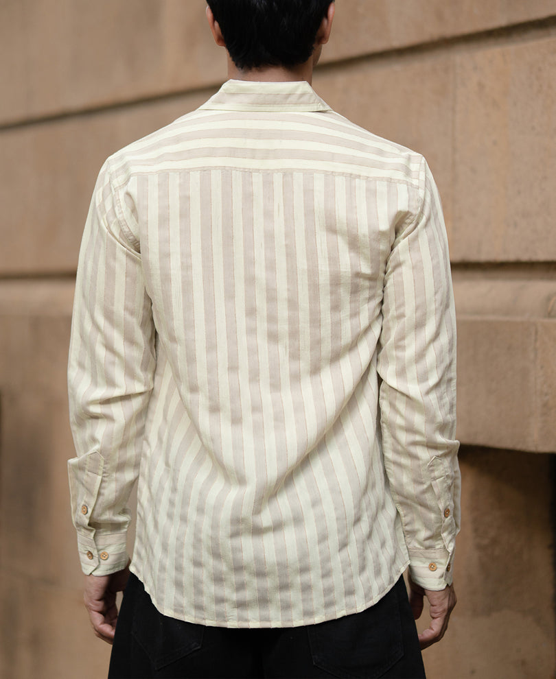 Beige Structured Self Striped Full Sleeves Shirt