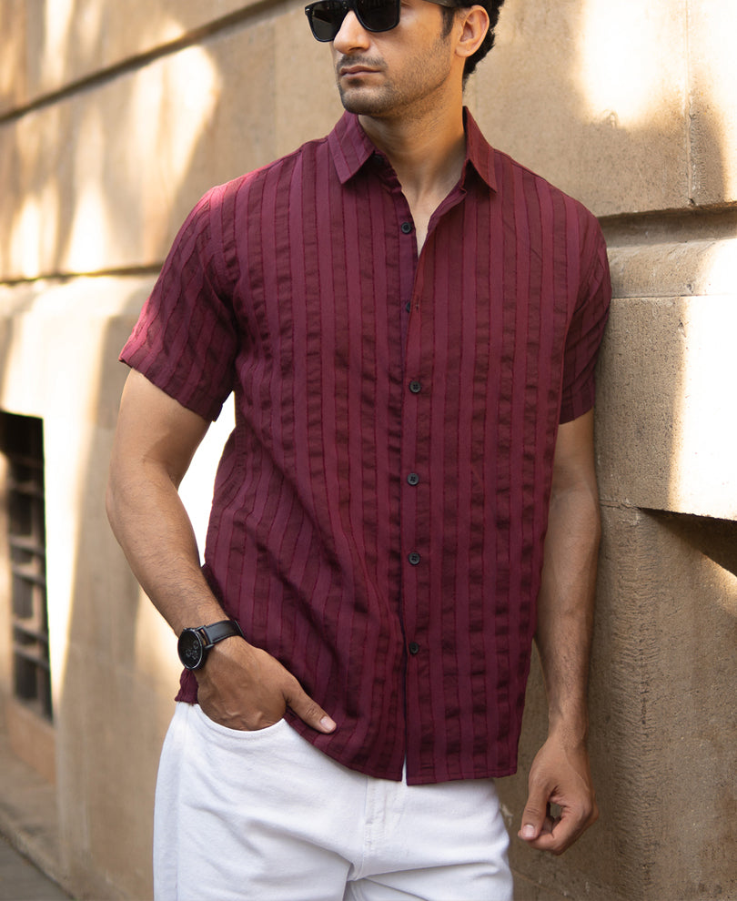 Wine Structured Self Striped Shirt