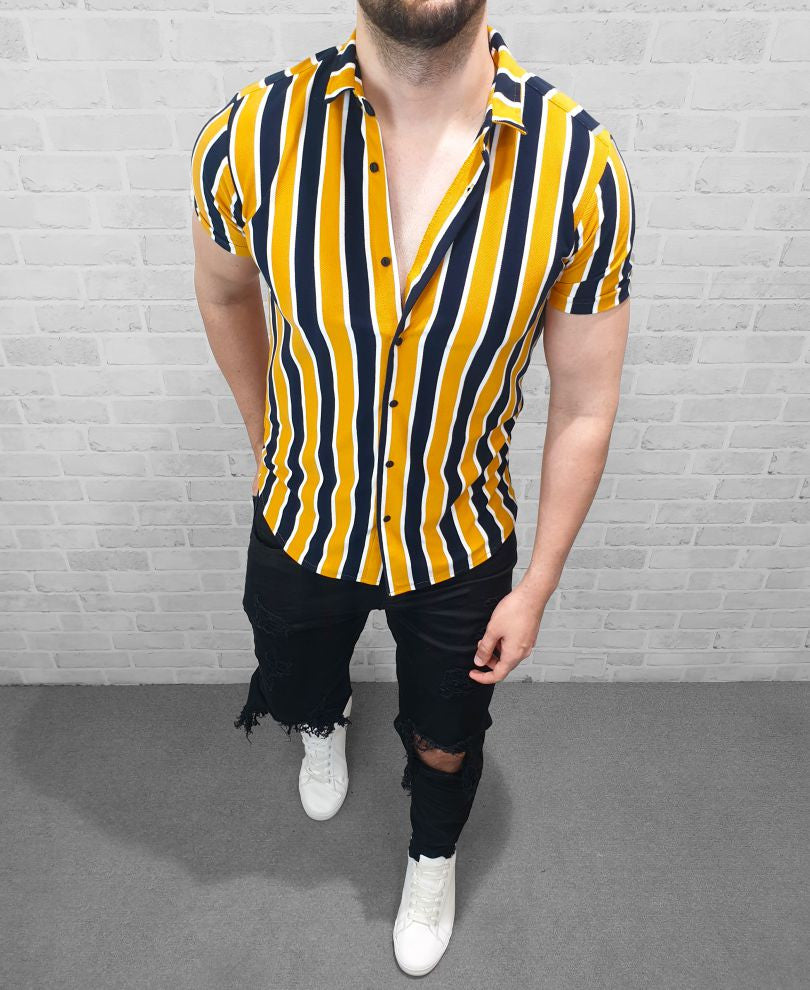 Mustard And Navy Blue Stripes Print Half Sleeves Shirt