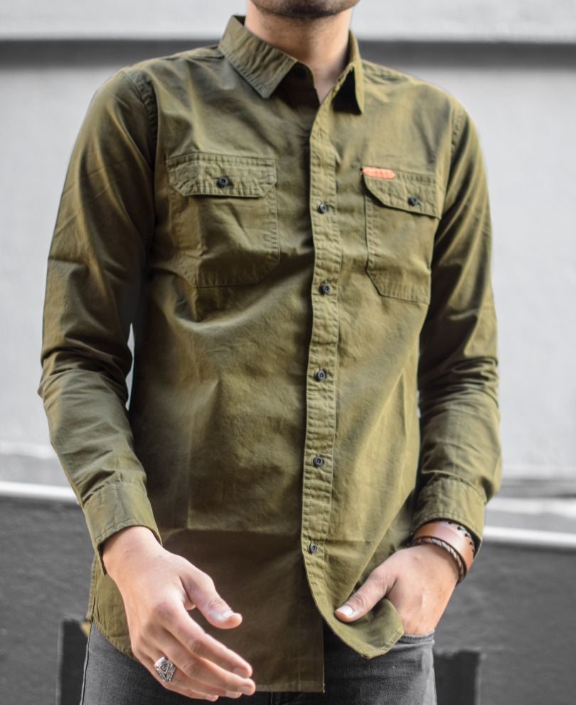 Urban Olive Green Plain Full Sleeves Shirt