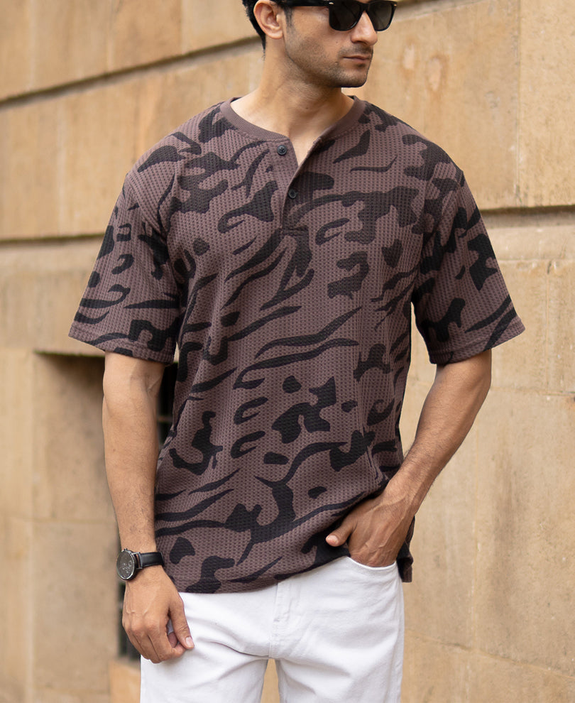 Coffee Brown Printed Henley T-Shirt
