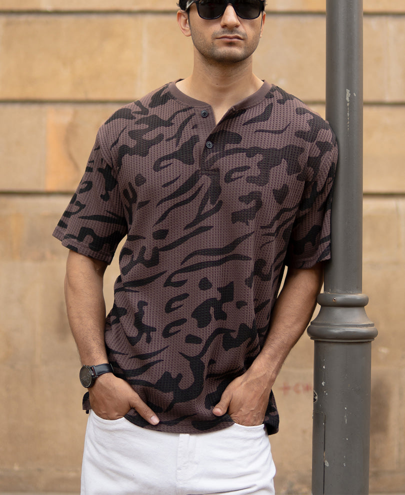 Coffee Brown Printed Henley T-Shirt