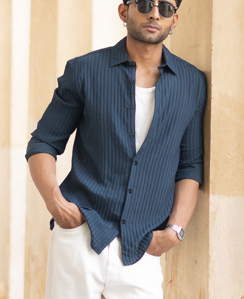 Navy Blue Stripes Full Sleeves Regular Fit Shirt