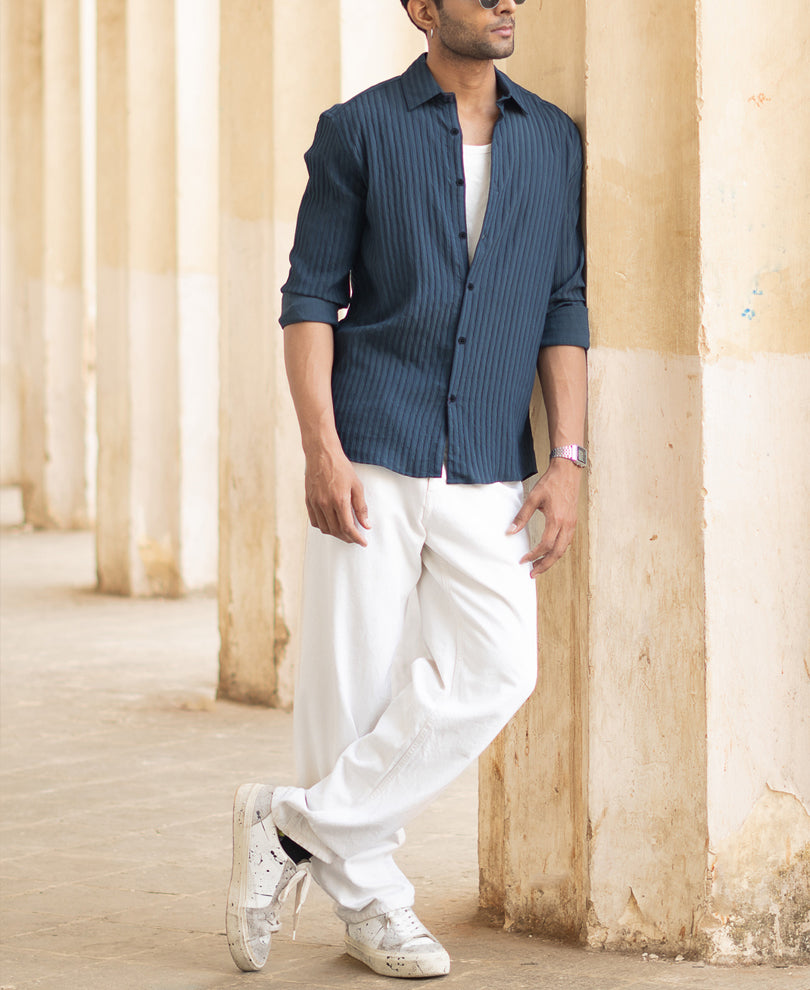 Navy Blue Stripes Full Sleeves Regular Fit Shirt