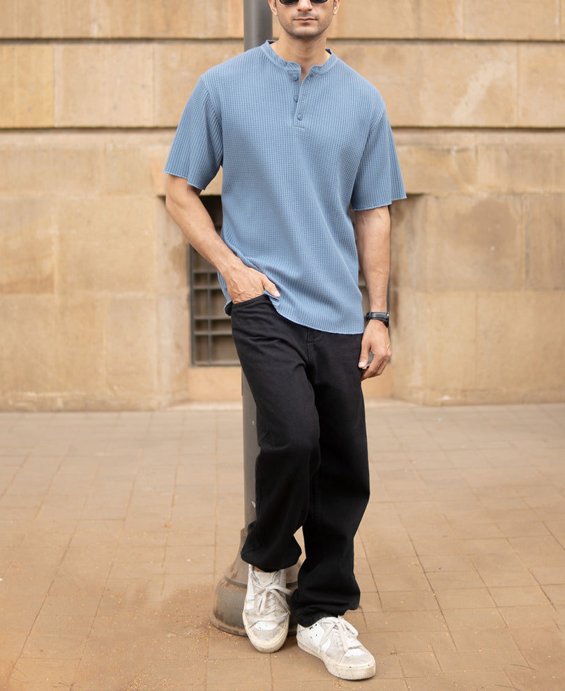 Blue Structure Knit Henley T-Shirt