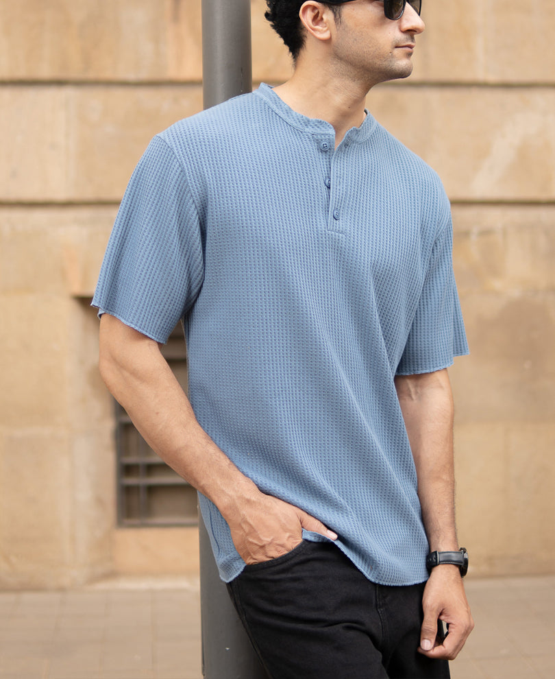 Blue Structure Knit Henley T-Shirt