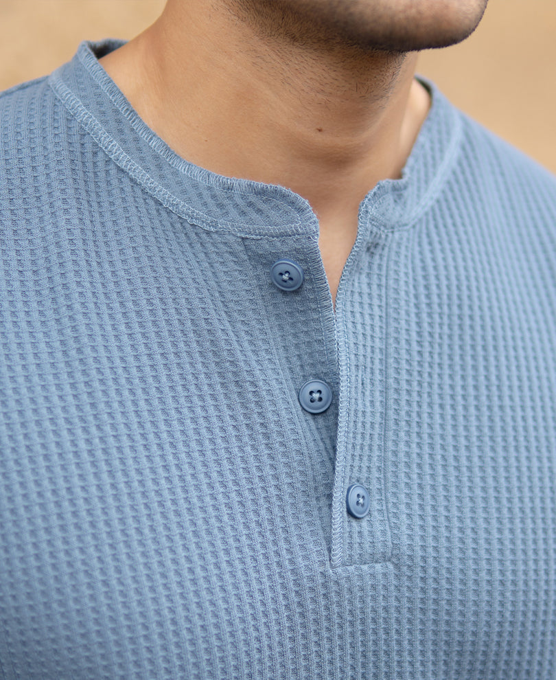 Blue Structure Knit Henley T-Shirt