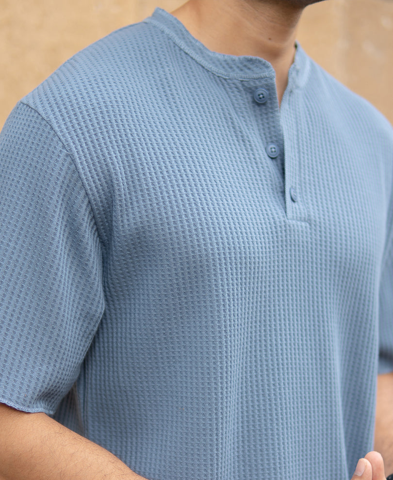 Blue Structure Knit Henley T-Shirt
