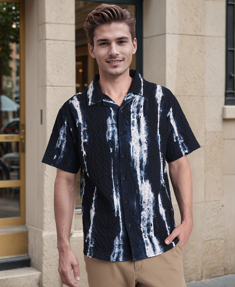 Navy Blue Printed Regular Fit Half Sleeves Shirt