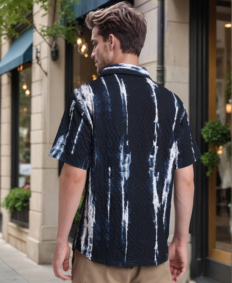 Navy Blue Printed Regular Fit Half Sleeves Shirt
