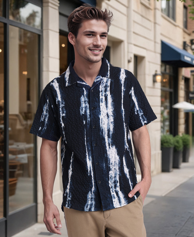 Navy Blue Printed Regular Fit Half Sleeves Shirt