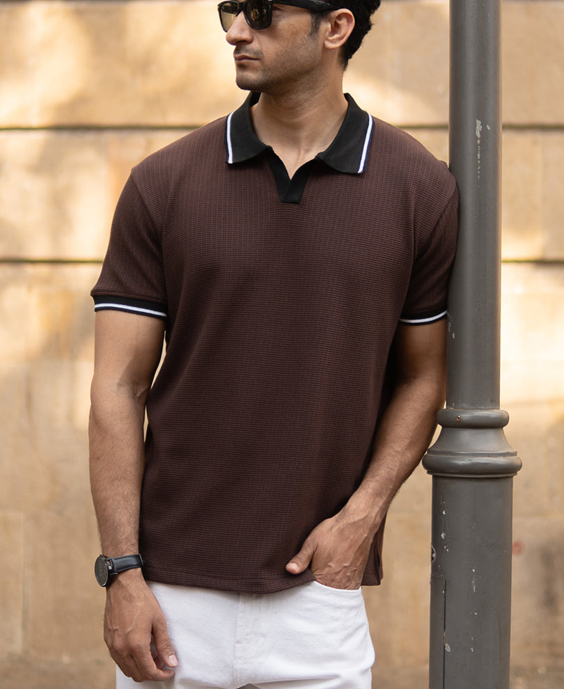 Dark Brown Contrast Collar T-Shirt