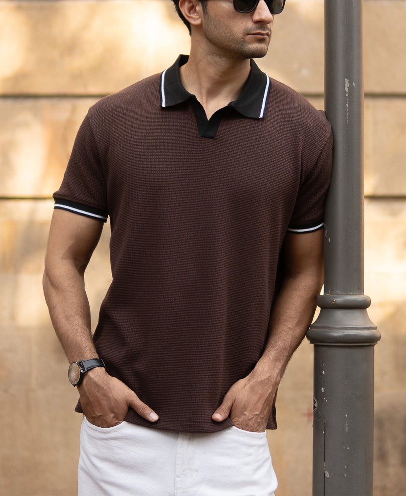Dark Brown Contrast Collar T-Shirt