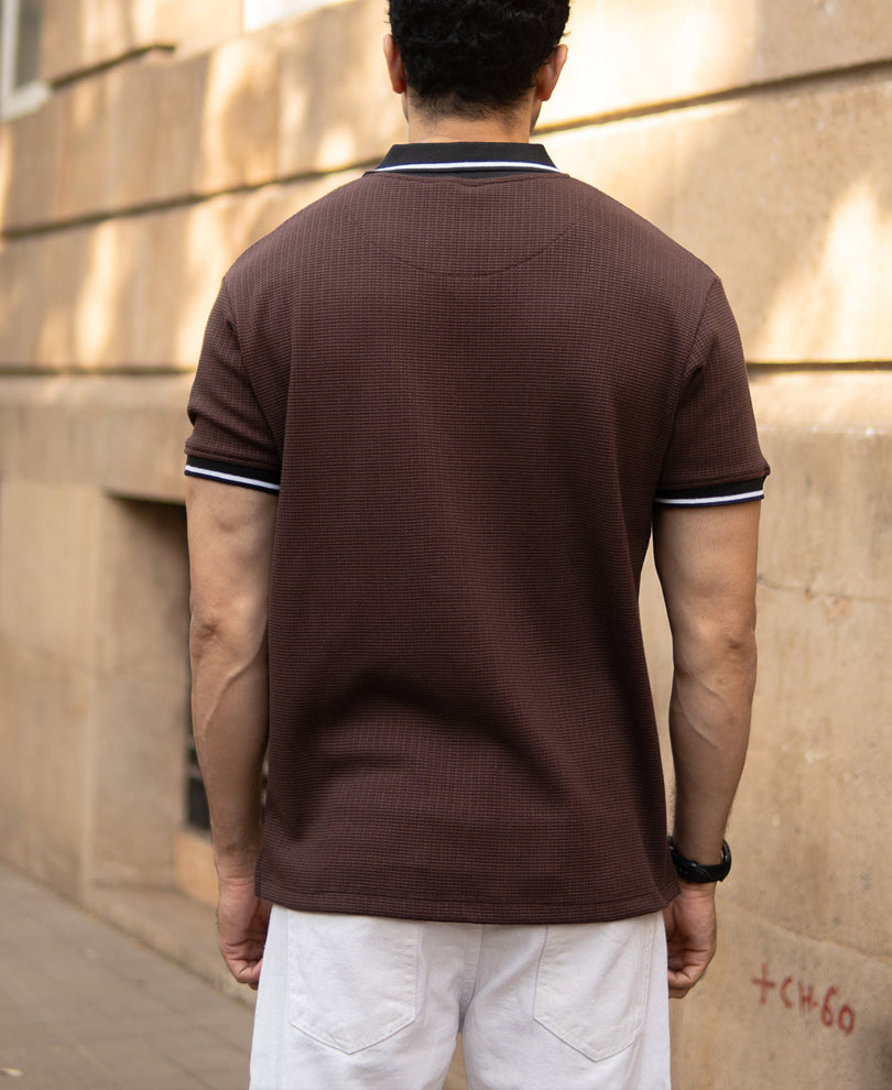 Dark Brown Contrast Collar T-Shirt