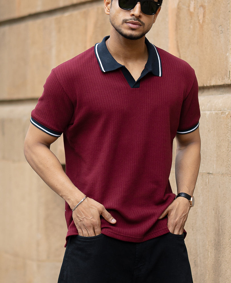 Wine Contrast Collar T-Shirt