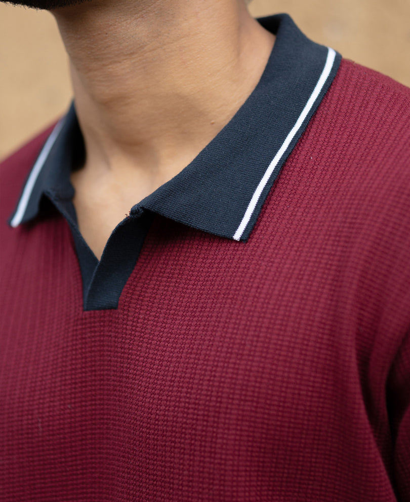 Wine Contrast Collar T-Shirt