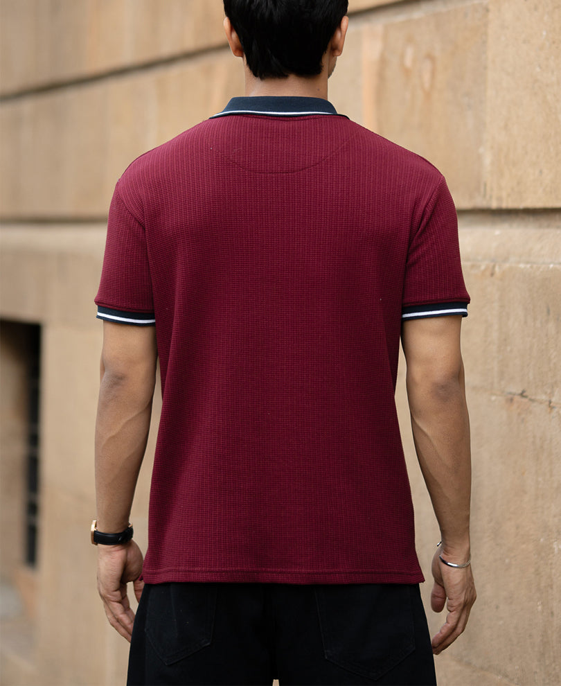Wine Contrast Collar T-Shirt