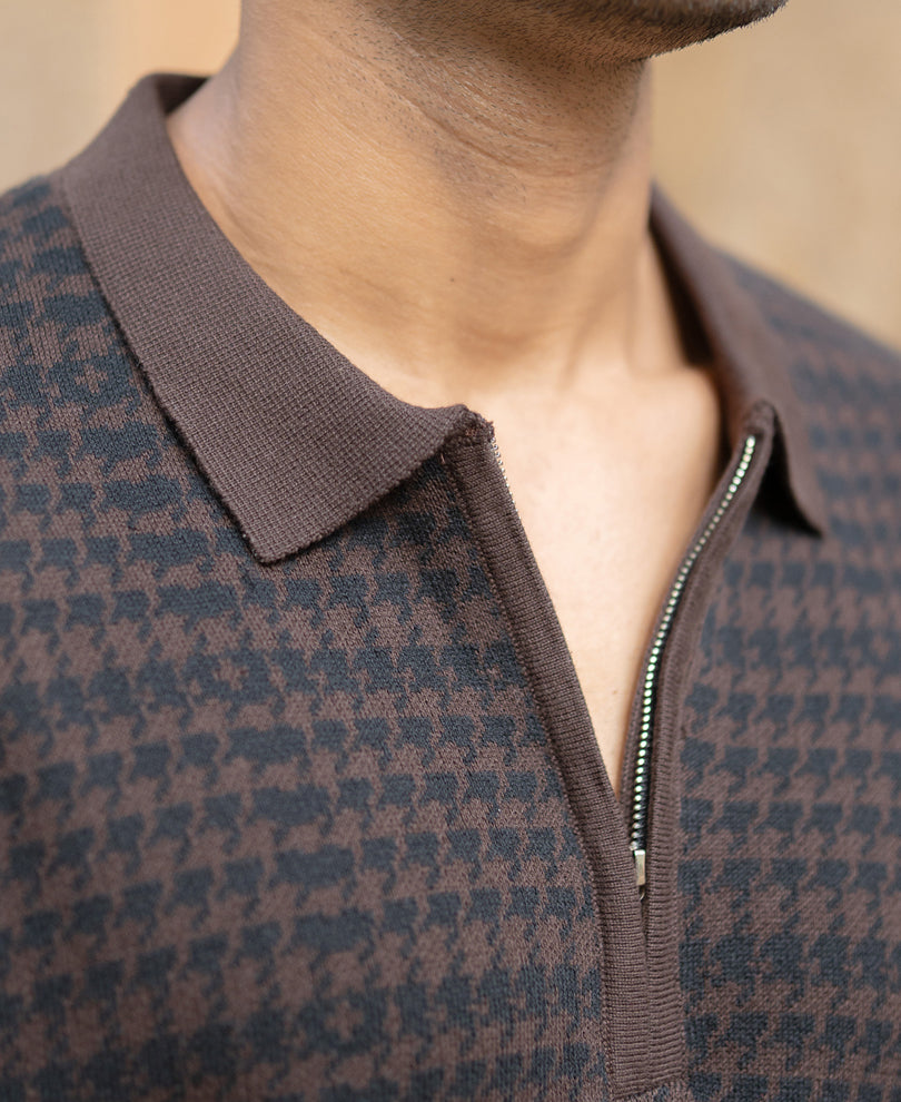 Dark Brown Knitted Houndstooth T-Shirt