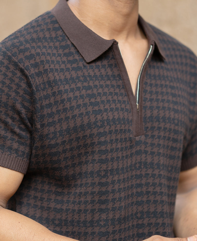 Dark Brown Knitted Houndstooth T-Shirt