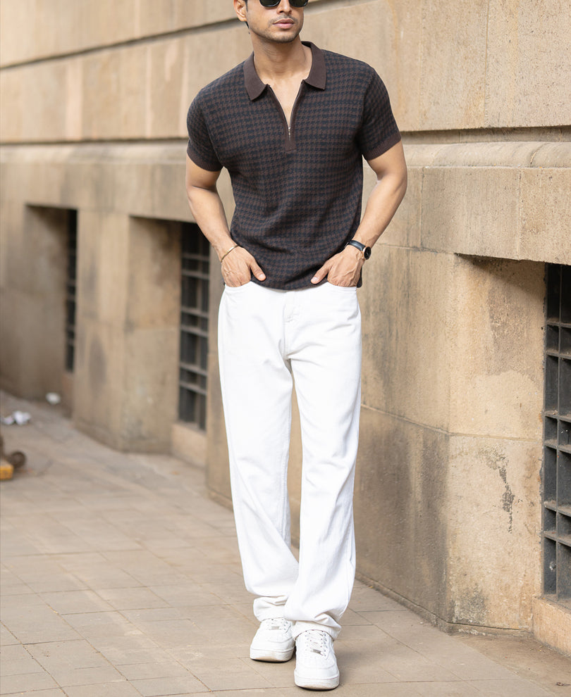 Dark Brown Knitted Houndstooth T-Shirt