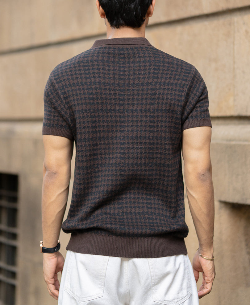 Dark Brown Knitted Houndstooth T-Shirt