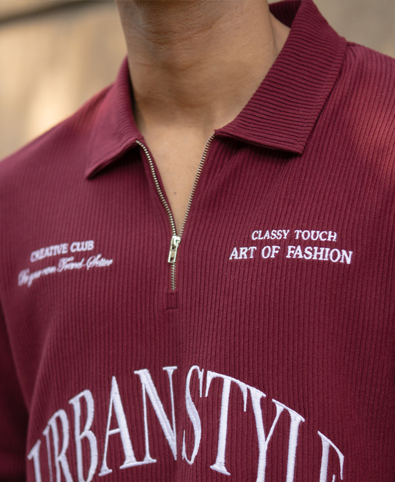 Wine Embroidered Zipper Polo T-Shirt