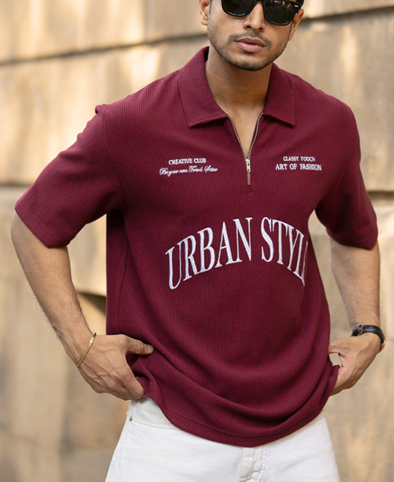 Wine Embroidered Zipper Polo T-Shirt