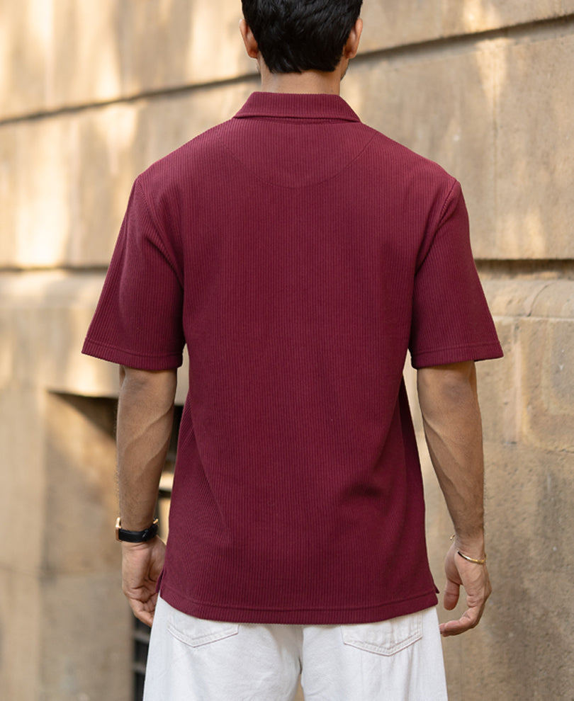 Wine Embroidered Zipper Polo T-Shirt