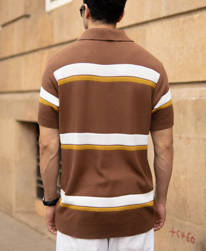 Brown Striped Knit T-Shirt
